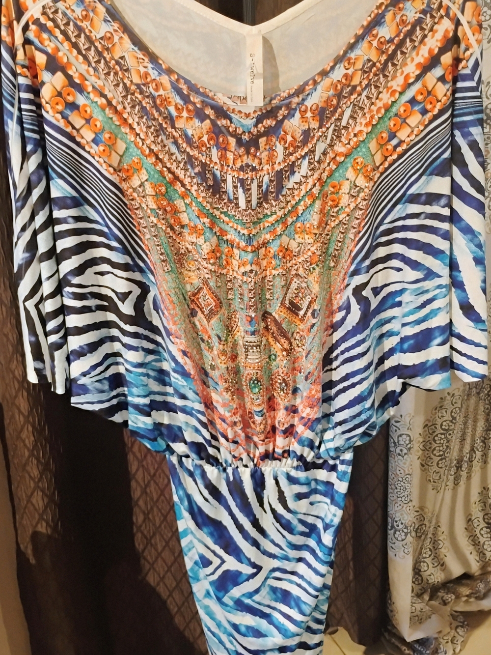 S-Twelve Size Medium Blue Turquoise Multi-Print Embellished V-Neck Tunic